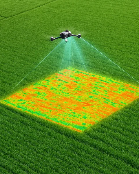 Dron sobrevolando un arrozal y el mapa del estado del cultivo que obtiene su cámara